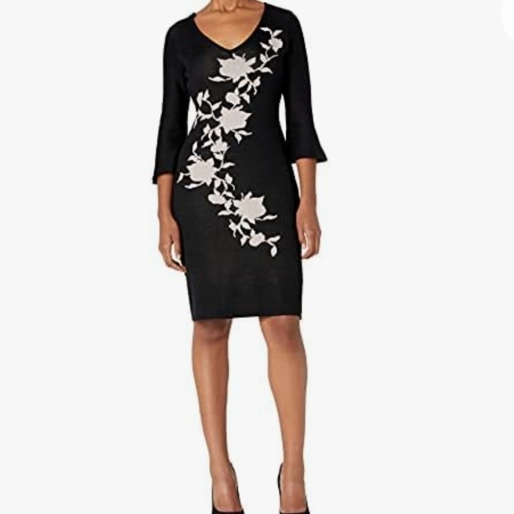 Gabby Skye Black Floral Bodycon Sweater Dress